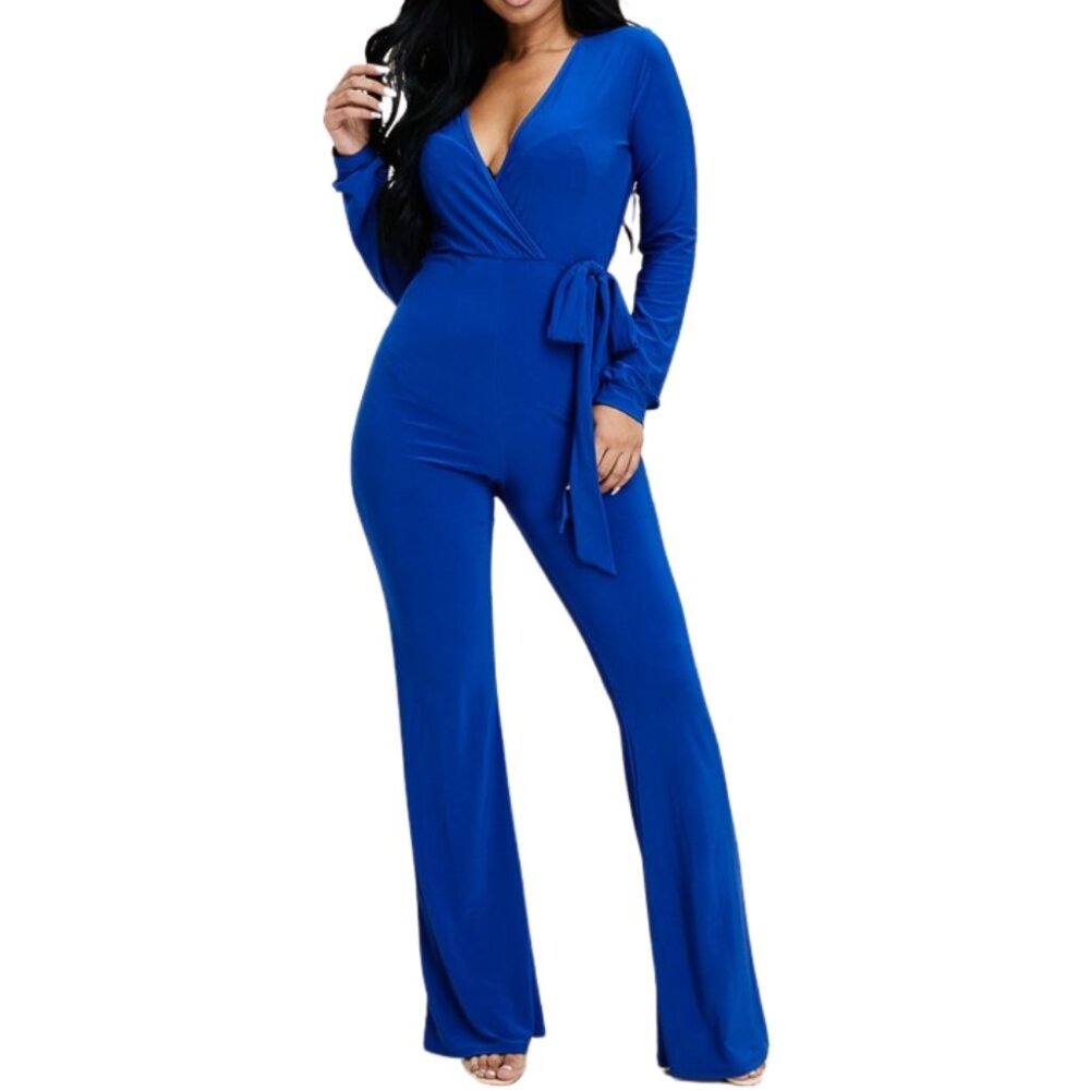 Royal Blue Long Bell Sleeve Casual Vneck Jumpsuit